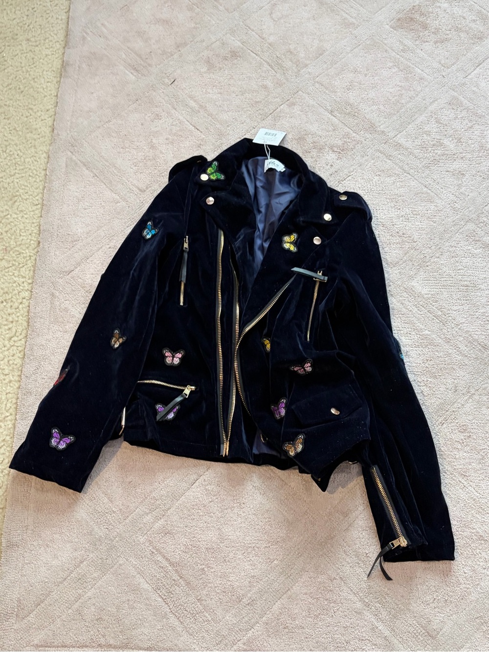 Velvet Black Butterfly Embroidered Moto Jacket
